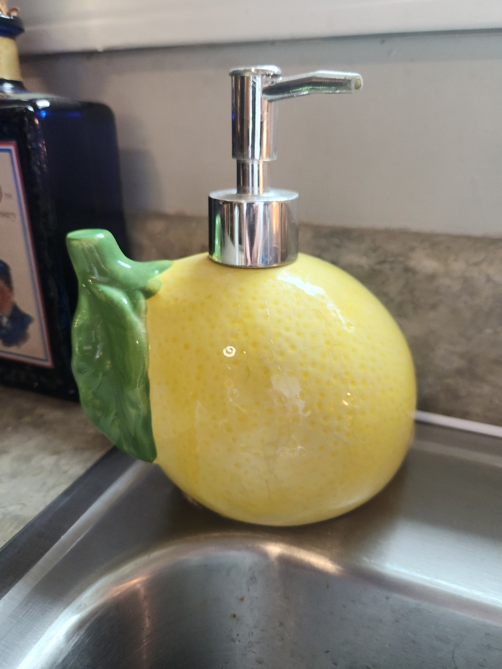 Ceramic Lemon Soap Dispenser with Green Leaf Accent - Yellow